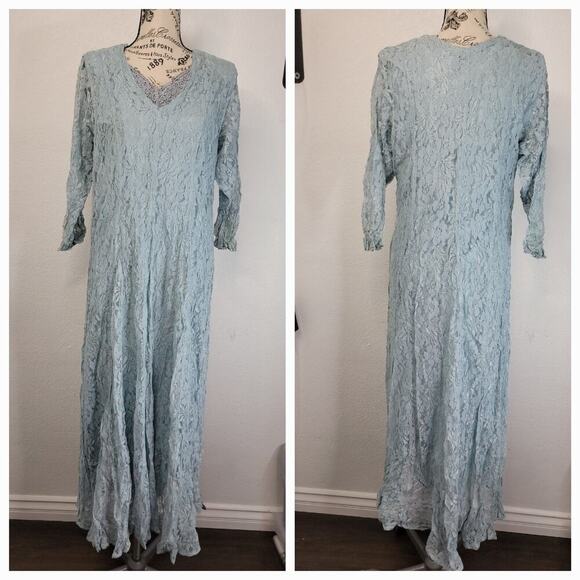 Nostalgia Maxi Dress Sz L Floral Lace Mesh Layered Blue Vintage 90's Cottagecore - Picture 1 of 8